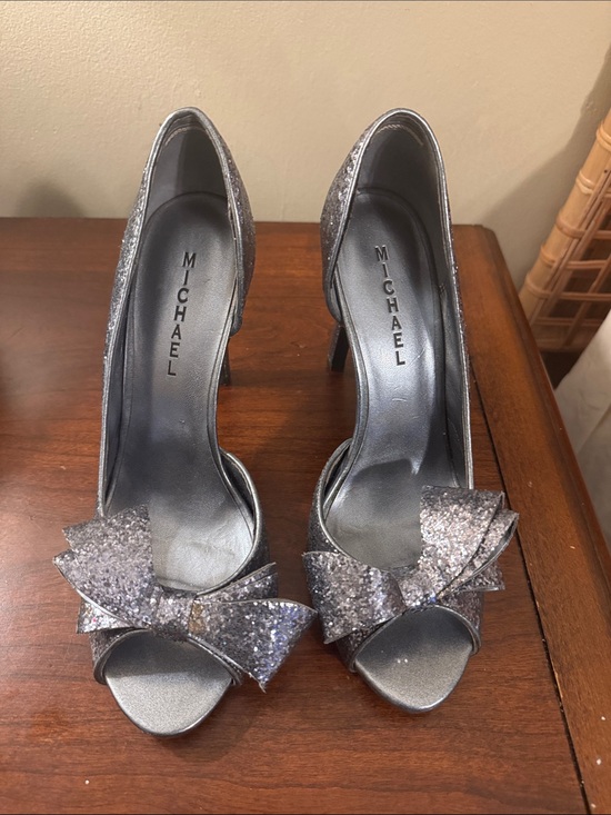 Michael Antonio Shoes - Michael Antonio Silver Glitter Bow Peep Toe Heels